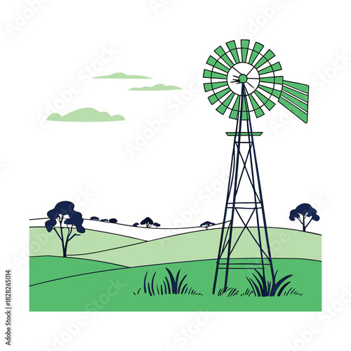 A picturesque countryside scene featuring a classic windmill standing tall amidst rolling green hills, dotted with trees and fluffy clouds against a bright isolated on