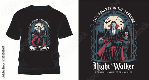Night walker vampire live forever t shirt design in shadows
