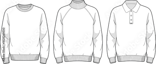 Crewneck Raglan Mockneck Polo Sweater Flat Technical Fashion CAD Vector Top View Drawing