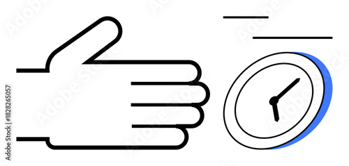 Hand shown with motion lines near a clock flying forward, symbolizing urgency, time management, fast decisions, efficiency, scheduling, productivity, progress. Ideal for simple flat metaphor