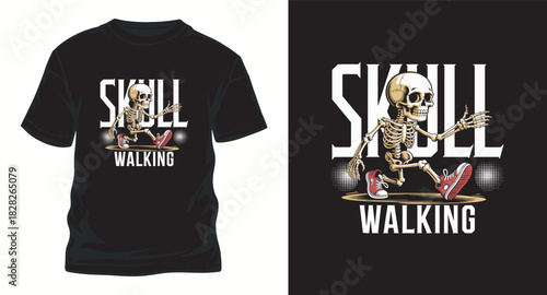 Skull walking vector illustration for t-shirt design with cool skeleton