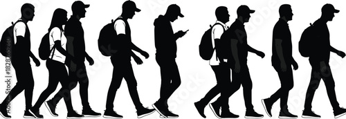 Silhouettes of group walking with backpacks, side view of students or travelers hiking, vector illustration.