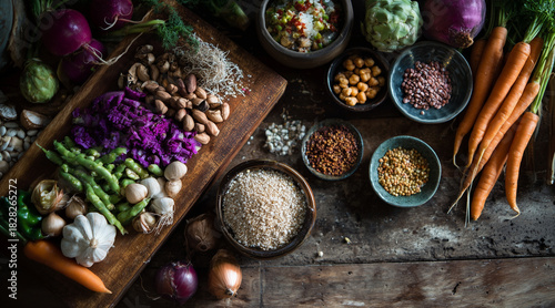 Overhead View of a Rustic Wooden Table Laden with Assorted Fresh and Dried Ingredients for Healthy Cooking