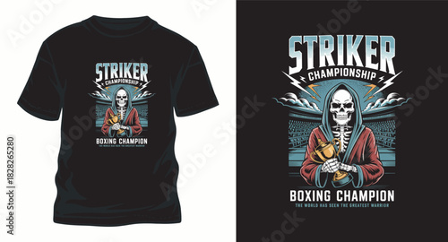 Striker champion skeleton boxer with trophy vector illustration for t-shirt