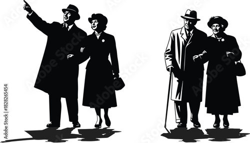 Silhouettes of retro couples walking, young and elderly generations, man pointing, senior with cane, vector illustration.