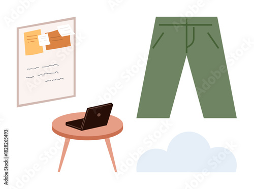 Green pants, laptop on table, bulletin board with notes, cloud symbolizing creativity, work-life balance, personal style, productivity, planning, casual business and simple flat metaphor