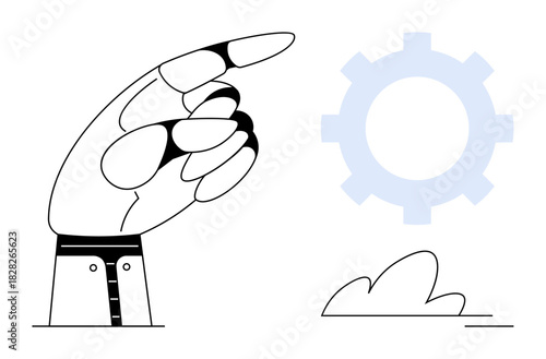 Minimalist design of a robotic hand pointing at a gear symbol above a soft bush accent. Ideal for technology, innovation, automation, direction, process, decision-making, teamwork. Simple flat