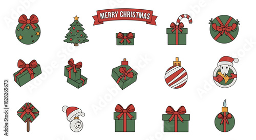 Delightful Christmas icons to spread holiday cheer, featuring vibrant gifts, trees, snowflakes, and ornaments for your festive designs and merry projects