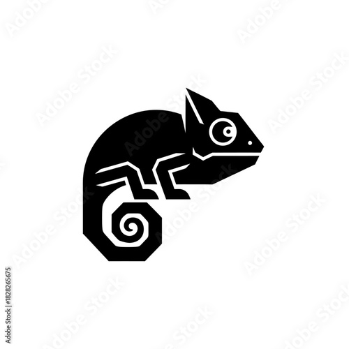 Silhouette of a Chameleon with Curled Tail on White Background.