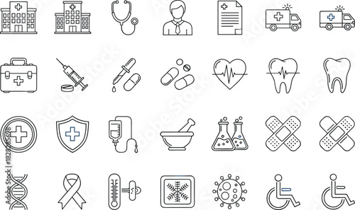 Medical healthcare outline icons set with hospital, doctor, medicine, emergency, dental care, laboratory, disability symbols, modern minimal line style