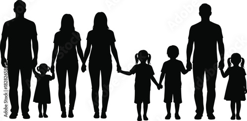 Silhouette vector of large family group with parents and four children holding hands, standing together in a row on white.