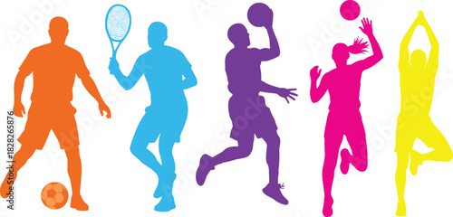 Colorful silhouettes of athletes playing different sports, soccer, tennis, basketball, volleyball players, isolated vector illustration, action poses.