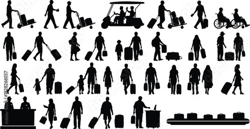 Travelers silhouettes set, airport passengers vector, people with luggage, walking family, business trip, baggage claim, isolated black icons