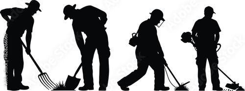 Black vector silhouettes of men working in garden, gardening tools, landscaping, shovel, pitchfork, trimmer, illustration, isolated on white background, people.