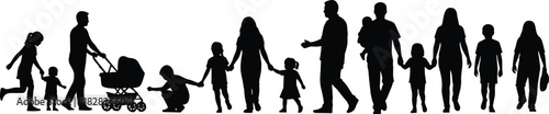 Black vector silhouette of families walking, parents with children, baby in stroller, diverse group, isolated on white background, illustration, people.