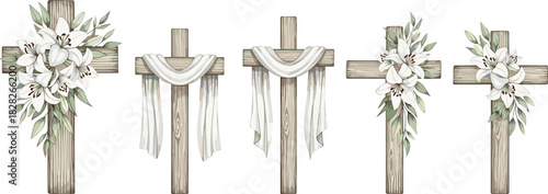 Watercolor wooden cross collection, white easter lilies and draped cloth, religious christian symbols for holy week, resurrection illustration set.