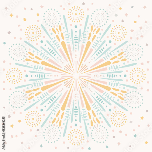 Celebratory Burst of Colorful Fireworks in Pastel Hues on a Light Background