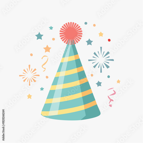 Festive striped party cone with confetti and fireworks for a celebration