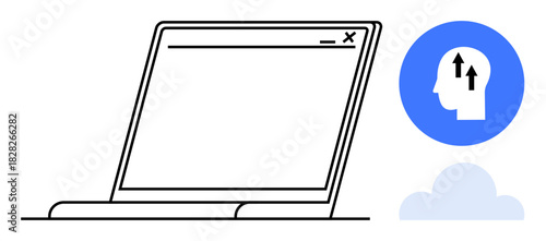 Online learning. Laptop outline with cloud and human head profile showing arrows, online learning. Online learning for education, digital tools, teamwork, cloud storage, innovation