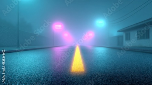 Fototapeta Naklejka Na Ścianę i Meble -  A street with a yellow line and neon lights in the background