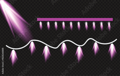 pink, light, spotlight, beam, glow, effect, bright, illumination, vector, graphic, design, element, string, garland, decorative, party, stage, festive, show, abstract, shiny, vibrant, transparent, iso