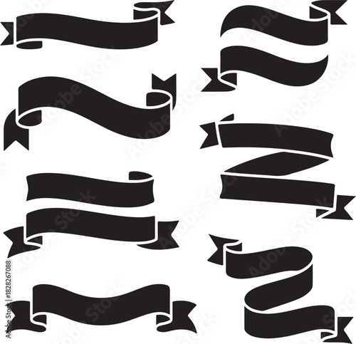 A collection of seven different black silhouette ribbon banners and ancient scrolls on a white background