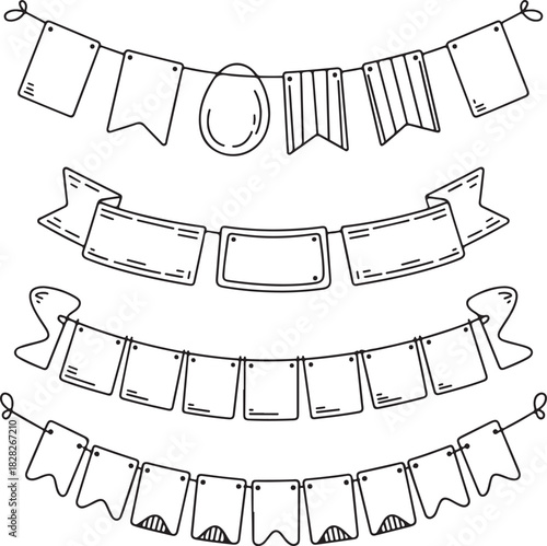 A collection of seven different black silhouette ribbon banners and ancient scrolls on a white background