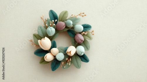 A wreath made of flowers and leaves with a blue and green color scheme