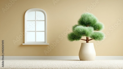 Fototapeta Naklejka Na Ścianę i Meble -  A small potted tree sits in front of a window in a room with a tan wall