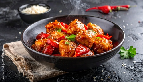 Succulent golden-brown Chicken Manchurian pieces glistening with savory sauce, nestled in an elegant ceramic bowl against a textured black concrete backdrop. Vibrant red bell pepper strips and juicy t