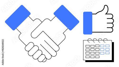 Agreement concept. Agreement through handshake, thumbs up, and calendar icons. Agreement for partnerships, teamwork scheduling, or business communication. Great for teamwork, business meetings