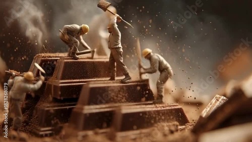 Miniature construction workers use pickaxes and shovels to break apart a large block of rich dark chocolate.