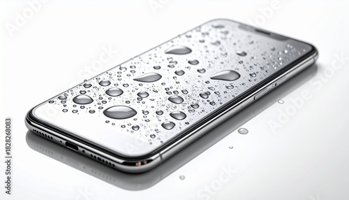 水に濡れて水滴がついたスマートフォン　スマホの画面の防水、撥水、水濡れ