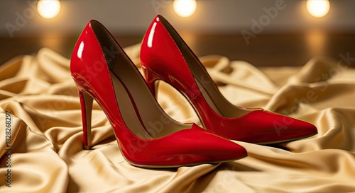 Red high heels are displayed on a golden satin fabric showcasing fashion footwear style and elegance for glamourous events or luxury apparel designs with bright lights highlighting the shiny patent l
