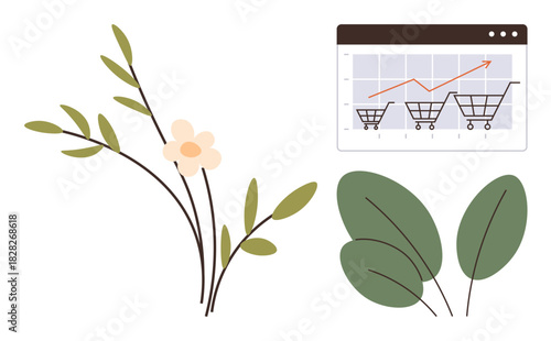 Shopping carts on chart reflecting sales growth paired with leaves and flowers. Ideal for online shopping, eco-commerce, growth, analytics, sustainability, business trends, simple flat metaphor