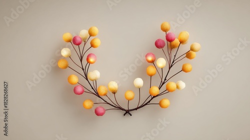 A wreath made of candy balls with a yellow and orange branch