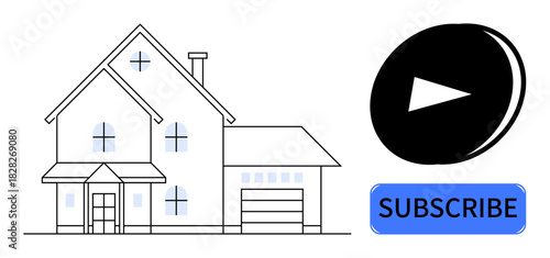 Outline of a two-story house beside a black play button over a blue subscribe banner. Ideal for real estate, home tours, streaming, online media, marketing, tutorials, education, simple flat metaphor