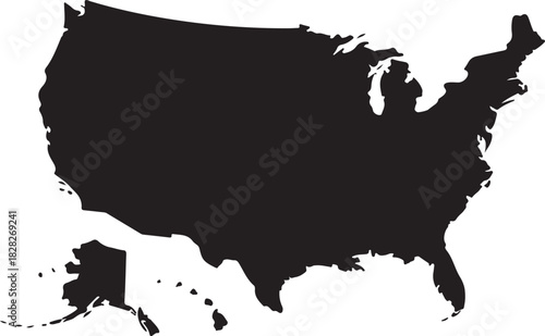 detailed black silhouette map of united states of america with internal state borders on white background