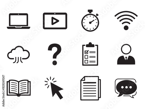 Brutalist Exam Icons. Online Exams silhouette icon set: laptop, video frame, timer, wifi symbol, cloud, question mark, checklist, cursor, open book, student icon, document page,