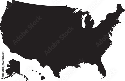 detailed black silhouette map of united states of america with internal state borders on white background