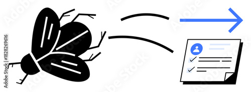 Black silhouette of a fly morphing into a document with user details, checklist, and arrow. Ideal for evolution, process, change, innovation, data transformation, creativity simple flat metaphor