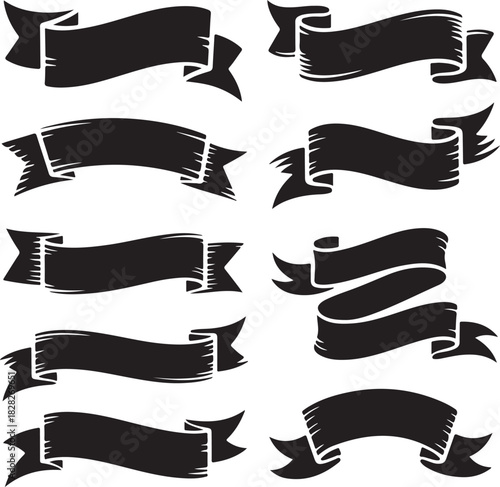 Collection of Rustic Banner and Ribbon Designs in Silhouette Style on White Background