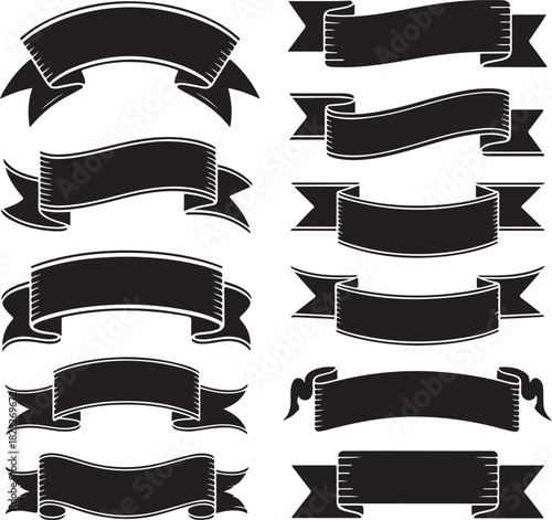 Collection of Rustic Banner and Ribbon Designs in Silhouette Style on White Background