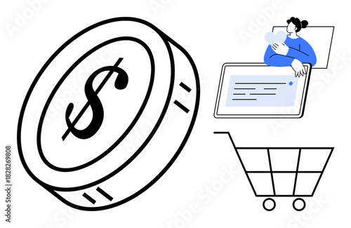 Online shopping concept. Online browsing with shopping cart, digital payments thumbs up a coin icon, and customer interaction. Online shopping enhances e-commerce, digital transactions, and mobile