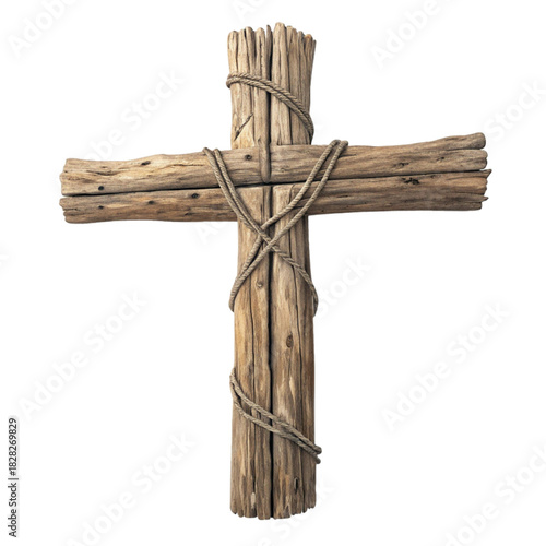 Rustic wooden cross with rope, a symbol of faith and spirituality, perfect for religious designs, Easter, or memorial projects evoking hope and reflection