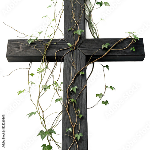 Rustic wooden cross entwined with vibrant green ivy, symbolizing faith, growth and resilience for church graphics, religious designs, and inspirational projects