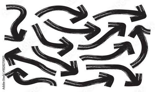  Set of bold brush drawn curved arrows. Hand drawn vector direction pointers. Curved and wavy brush strokes with scratches. Hand drawn different straight lines with angles, with bold arrows.