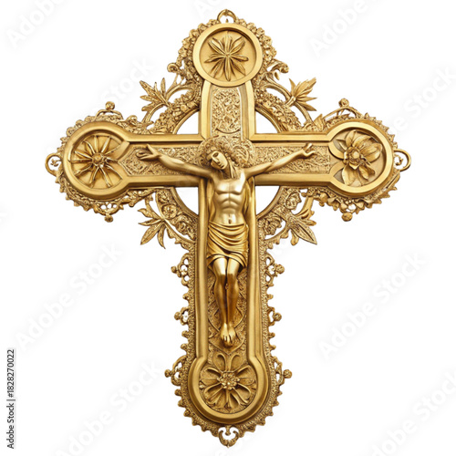Stunning golden ornate crucifix with floral details, symbolizing faith, hope, and resurrection, perfect for religious projects and spiritual designs