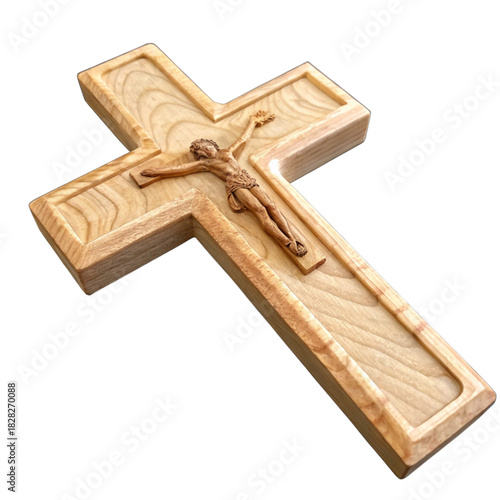 Wooden crucifix with carved Jesus figure representing faith, hope, and love in religious devotion, perfect for spiritual reflection and Christian themes