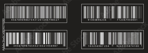 Bar code vector cartoon icon set. Simple fake bar code. Barcode product distribution icon. Universal code for scanning product or item.  Retail business, shopping, and logistics technology concept.